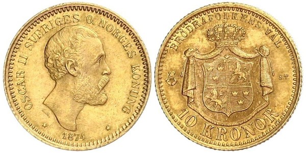 10 Krone / 10 Kronor  瑞典 金 奧斯卡二世 (1829-1907)