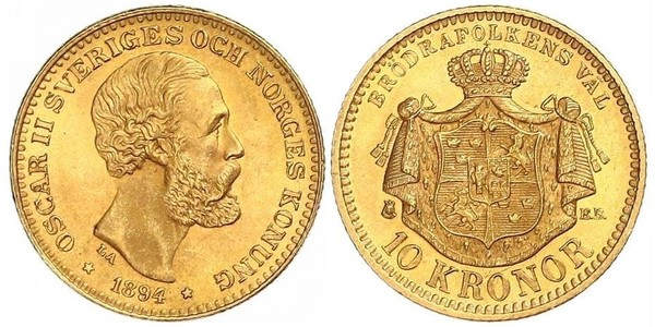 10 Krone / 10 Kronor  瑞典 金 奧斯卡二世 (1829-1907)