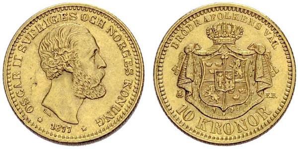 10 Krone / 10 Kronor  瑞典 金 奧斯卡二世 (1829-1907)