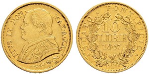 10 Lira Papal States (752-1870) Gold Pope Pius IX (1792- 1878)