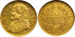 10 Lira 教皇国 (754 - 1870) 金 Pope Pius IX (1792- 1878)