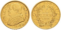 10 Lira 教皇国 (754 - 1870) 金 Pope Pius IX (1792- 1878)