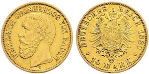 10 Mark Grand Duchy of Baden (1806-1918) Gold Friedrich I. (Baden, Großherzog) (1826 - 1907)