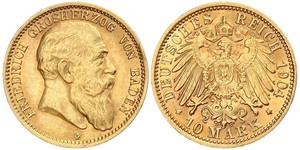 10 Mark Grand Duchy of Baden (1806-1918) Gold Frederick I, Grand Duke of Baden (1826 - 1907)