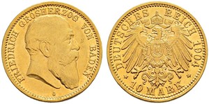 10 Mark Grand Duchy of Baden (1806-1918) Gold Frederick I, Grand Duke of Baden (1826 - 1907)