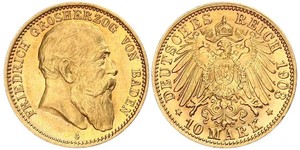 10 Mark Grand Duchy of Baden (1806-1918) Gold Frederick I, Grand Duke of Baden (1826 - 1907)