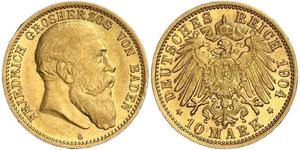 10 Mark Grand Duchy of Baden (1806-1918) Gold Frederick I, Grand Duke of Baden (1826 - 1907)