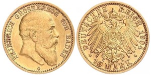 10 Mark Grand Duchy of Baden (1806-1918) Gold Frederick I, Grand Duke of Baden (1826 - 1907)