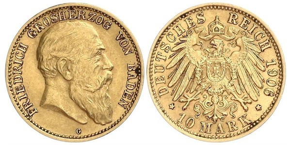 10 Mark Grand Duchy of Baden (1806-1918) Gold Frederick I, Grand Duke of Baden (1826 - 1907)