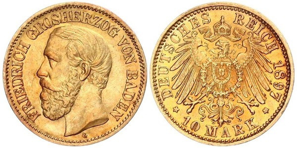 10 Mark Grand Duchy of Baden (1806-1918) Gold Friedrich I. (Baden, Großherzog) (1826 - 1907)