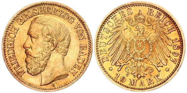 10 Mark Grand Duchy of Baden (1806-1918) Gold Frederick I, Grand Duke of Baden (1826 - 1907)