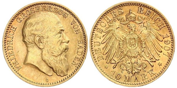 10 Mark Grand Duchy of Baden (1806-1918) Gold Frederick I, Grand Duke of Baden (1826 - 1907)