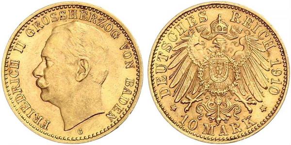 10 Mark Grand Duchy of Baden (1806-1918) Gold Friedrich II. (Baden, Großherzog) (1857 - 1928)