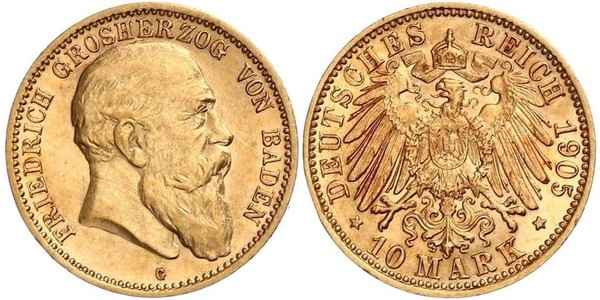 10 Mark Grand Duchy of Baden (1806-1918) Gold Frederick I, Grand Duke of Baden (1826 - 1907)