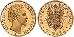 10 Mark Königreich Bayern (1806 - 1918) Gold Ludwig II. (Bayern)(1845 – 1886)
