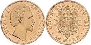 10 Mark Königreich Bayern (1806 - 1918) Gold Ludwig II. (Bayern)(1845 – 1886)