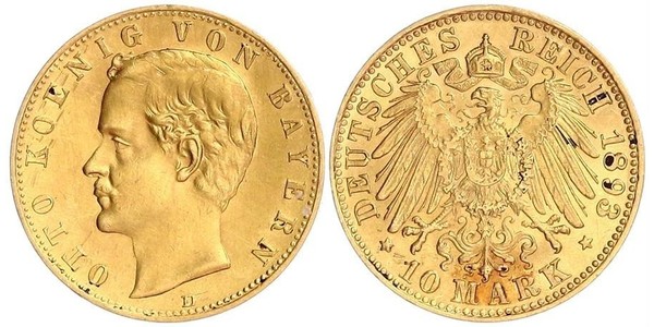 10 Mark Royaume de Bavière (1806 - 1918) Or Othon Ier de Bavière(1848 – 1916)