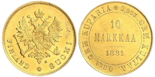 10 Mark Finlandia (1917 - ) / Impero russo (1720-1917) Oro Alessandro III (1845 -1894)