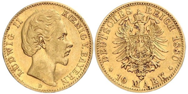 10 Mark Regno di Baviera (1806 - 1918) Oro Ludovico II di Baviera(1845 – 1886)