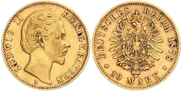 10 Mark Regno di Baviera (1806 - 1918) Oro Ludovico II di Baviera(1845 – 1886)