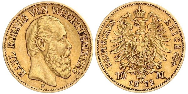 10 Mark Regno di Württemberg (1806-1918) Oro Carlo di Württemberg