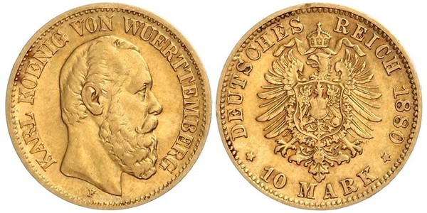 10 Mark Regno di Württemberg (1806-1918) Oro Carlo di Württemberg