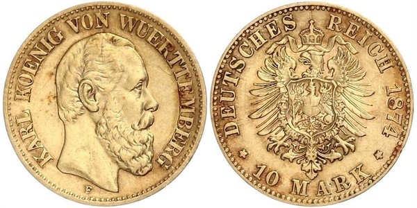 10 Mark Regno di Württemberg (1806-1918) Oro Carlo di Württemberg