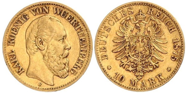 10 Mark Regno di Württemberg (1806-1918) Oro Carlo di Württemberg