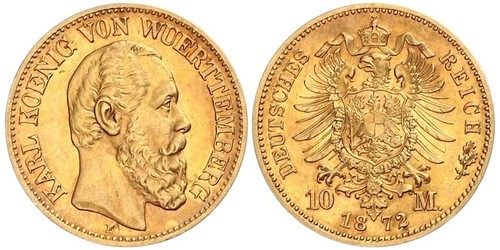 10 Mark Reino de Wurtemberg (1806-1918) Oro Carlos I de Wurtemberg