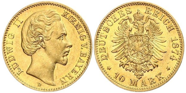 10 Mark 巴伐利亞王國 (1806 - 1918) 金 路德维希二世 (巴伐利亚)