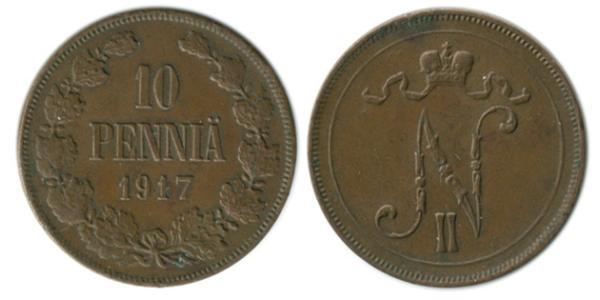 10 Penny Großfürstentum Finnland (1809 - 1917) Kupfer Nikolaus II (1868-1918)