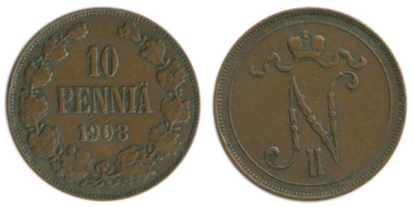 10 Penny Granducato di Finlandia (1809 - 1917) Rame Nicola II (1868-1918)