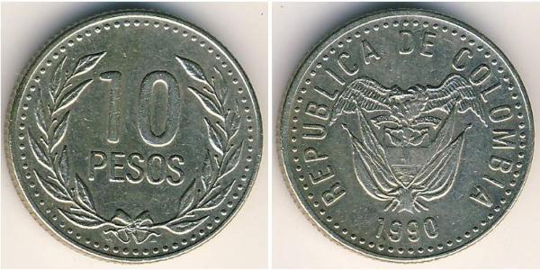 10 Peso Republic of Colombia (1886 - ) Copper/Zinc/Nickel 