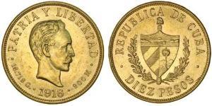 10 Peso Cuba Gold Jose Julian Marti Perez (1853 - 1895) 