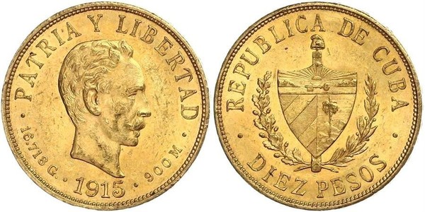 10 Peso Cuba Gold Jose Julian Marti Perez (1853 - 1895) 