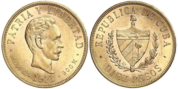 10 Peso Cuba Gold Jose Julian Marti Perez (1853 - 1895) 