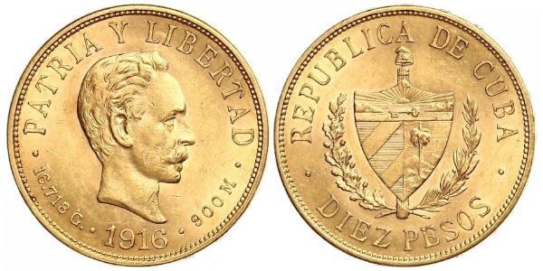 10 Peso Cuba Gold Jose Julian Marti Perez (1853 - 1895) 