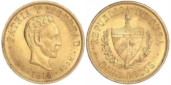 10 Peso Cuba 金 Jose Julian Marti Perez (1853 - 1895) 