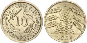 10 Pfennig / 10 Reichpfennig République de Weimar (1918-1933) Laiton 