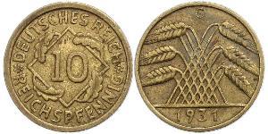 10 Pfennig / 10 Reichpfennig Repubblica di Weimar (1918-1933) Ottone 