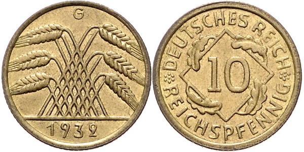 10 Pfennig / 10 Reichpfennig Repubblica di Weimar (1918-1933) Ottone 