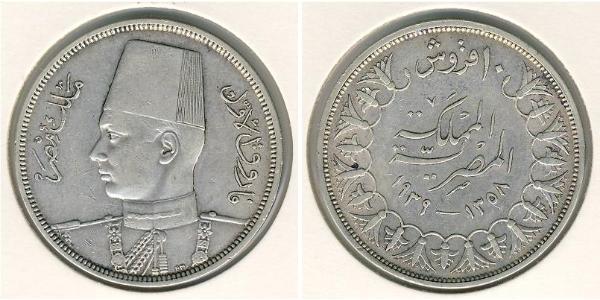 10 Piastre 埃及王國 (1922 - 1953) 銀 Farouk I of Egypt (1920 - 1965)