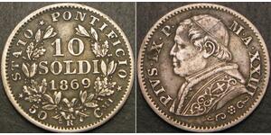 10 Soldo 教皇国 (754 - 1870) 銀 Pope Pius IX (1792- 1878)