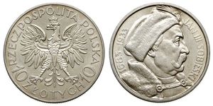 10 Zloty Segunda República Polaca (1918 - 1939) / Polonia Plata Juan III Sobieski (1629-1696)