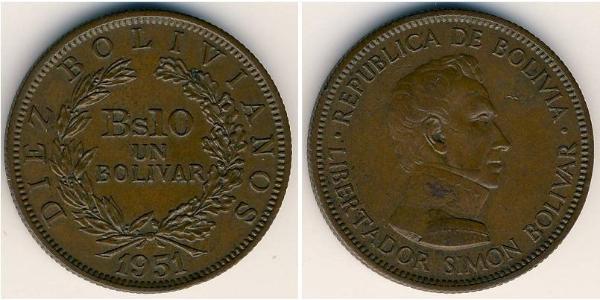 10 Боливар Многонациональное Государство Боливия (1825 - ) Бронза 
