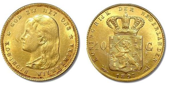 10 Гульден Королівство Нідерланди (1815 - ) Золото Вільгельміна (королева Нідерландів)(1880 - 1962)