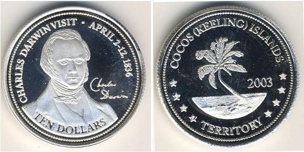10 Долар Кокосові острови Срібло Charles Robert Darwin (1809 - 1882) 