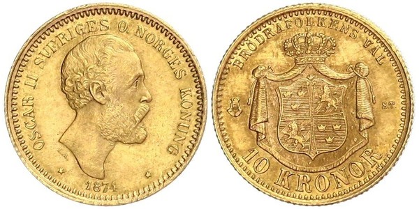 10 Крона / 10 Kronor  Швеція Золото Оскар II (1829-1907)