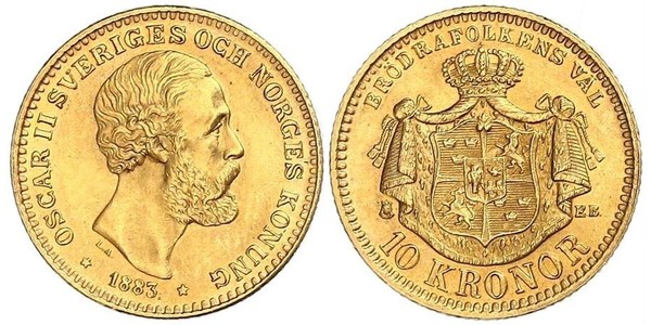 10 Крона / 10 Kronor  Швеція Золото Оскар II (1829-1907)