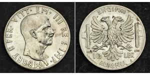 10 Лек Albanian Kingdom (1939-1943) Срібло Віктор Емануїл III (1869 - 1947)